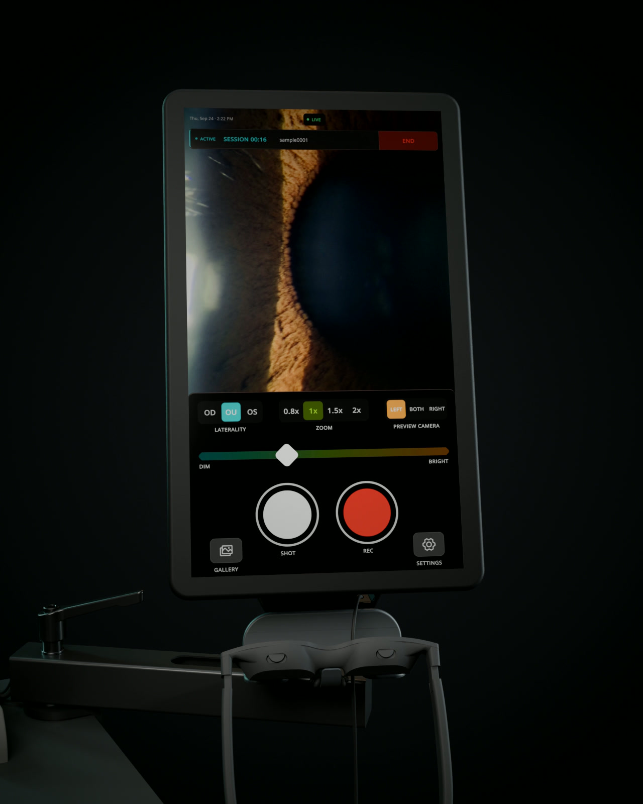 CAD render of the SVS touchscreen terminal showing the recorded capture screen, with our Display Glasses in the cradle below.