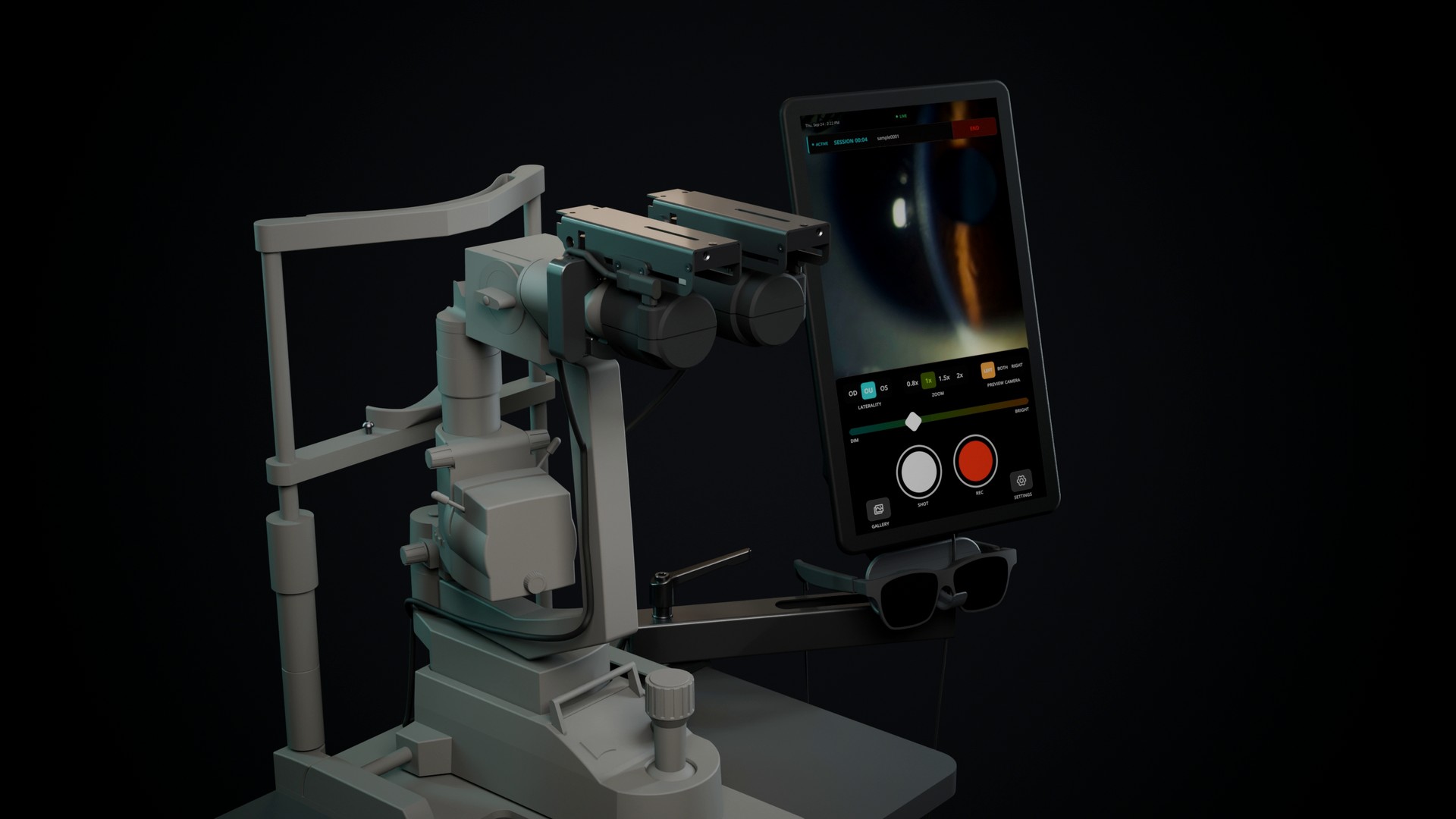 The VitaPixel SVS on a slit lamp: the camera head at the eyepieces, the touchscreen terminal on the slit lamp table and our Display Glasses in their cradle.