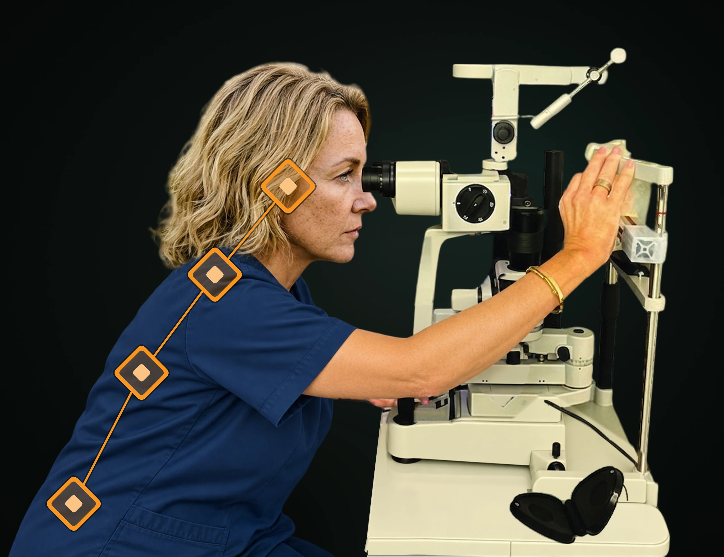 Side view of a clinician leaning in to the slit lamp eyepieces, with posture markers along the neck and back.