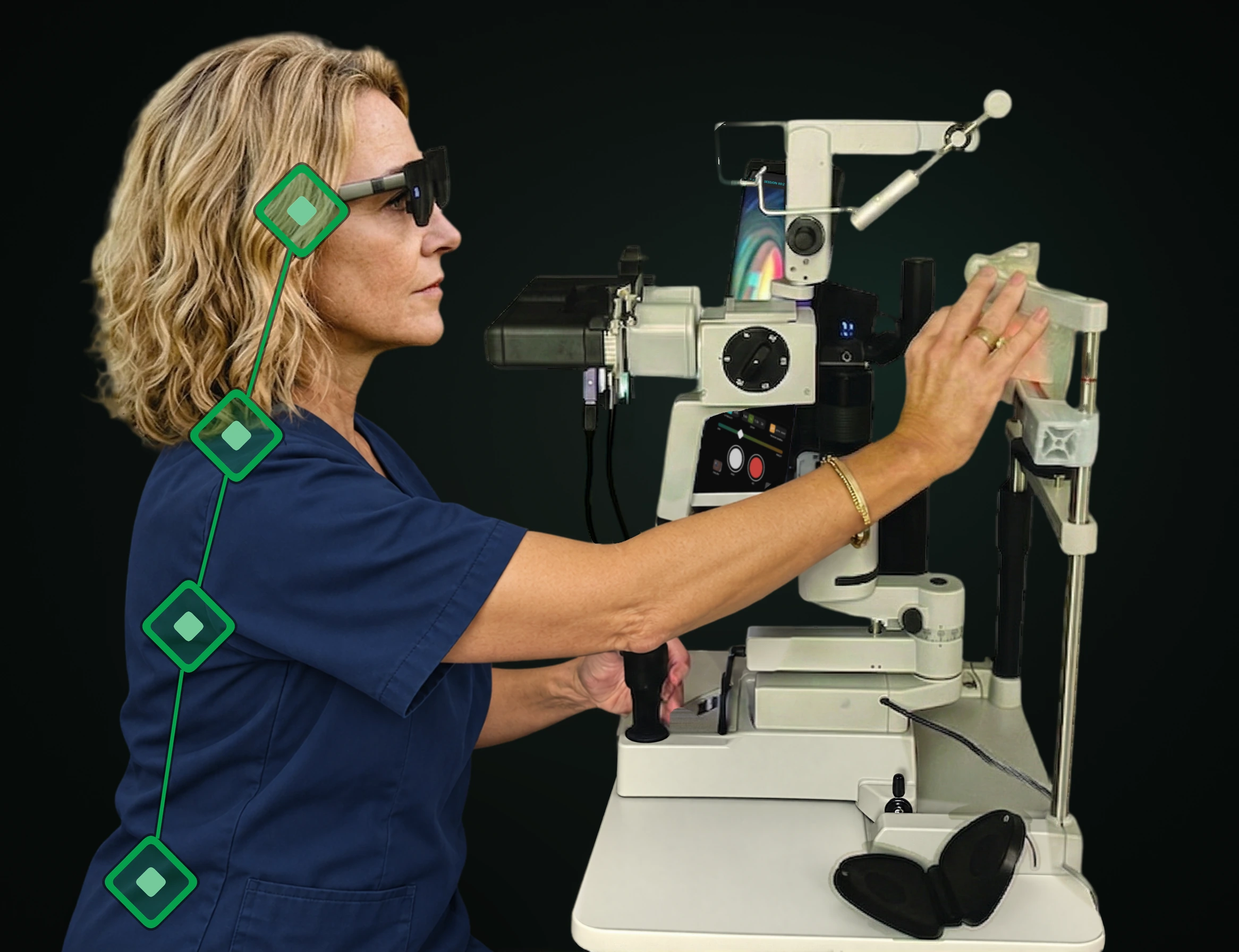 Side view of a clinician sitting upright at the slit lamp wearing our Display Glasses, with posture markers along the neck and back.
