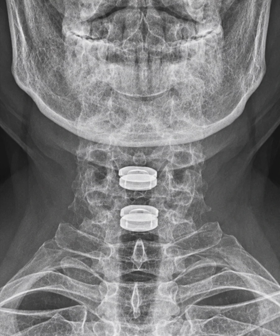 Frontal cervical spine X-ray showing two implants.