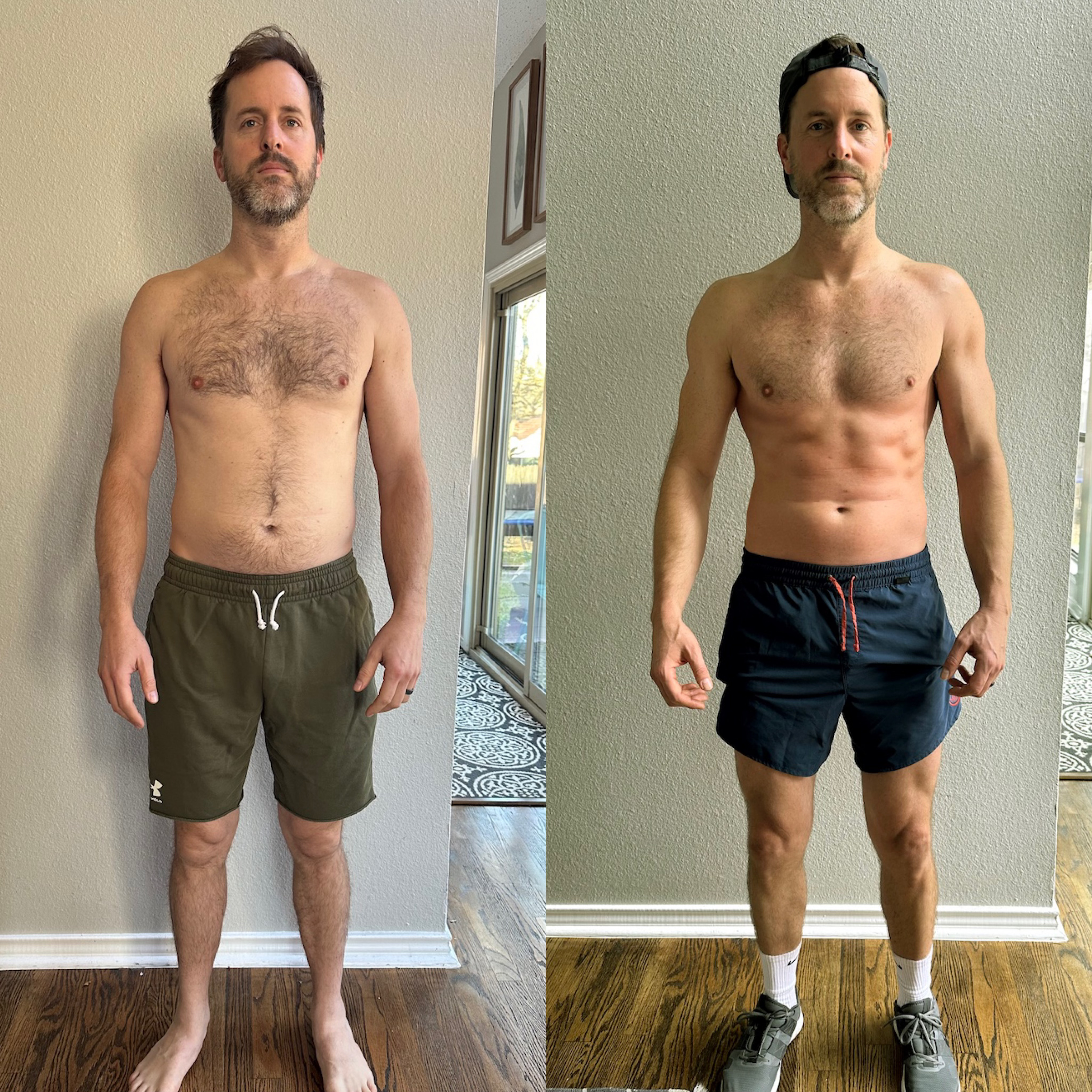 Side-by-side photos of a shirtless man showing before and after fitness progress, with defined muscles and wearing a black cap in the after photo.