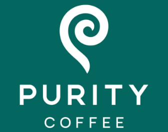 Purity Coffee brand logo with stylized white swirl above text on teal background.