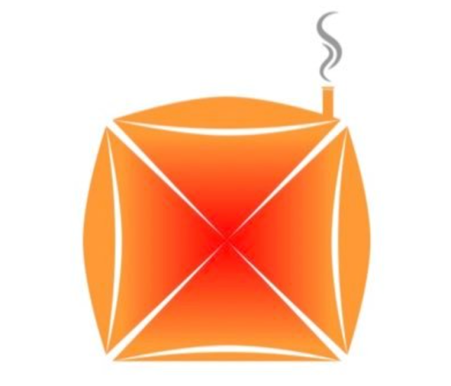Abstract orange and red geometric shape resembling a loaf of bread with steam rising from a small chimney on top.