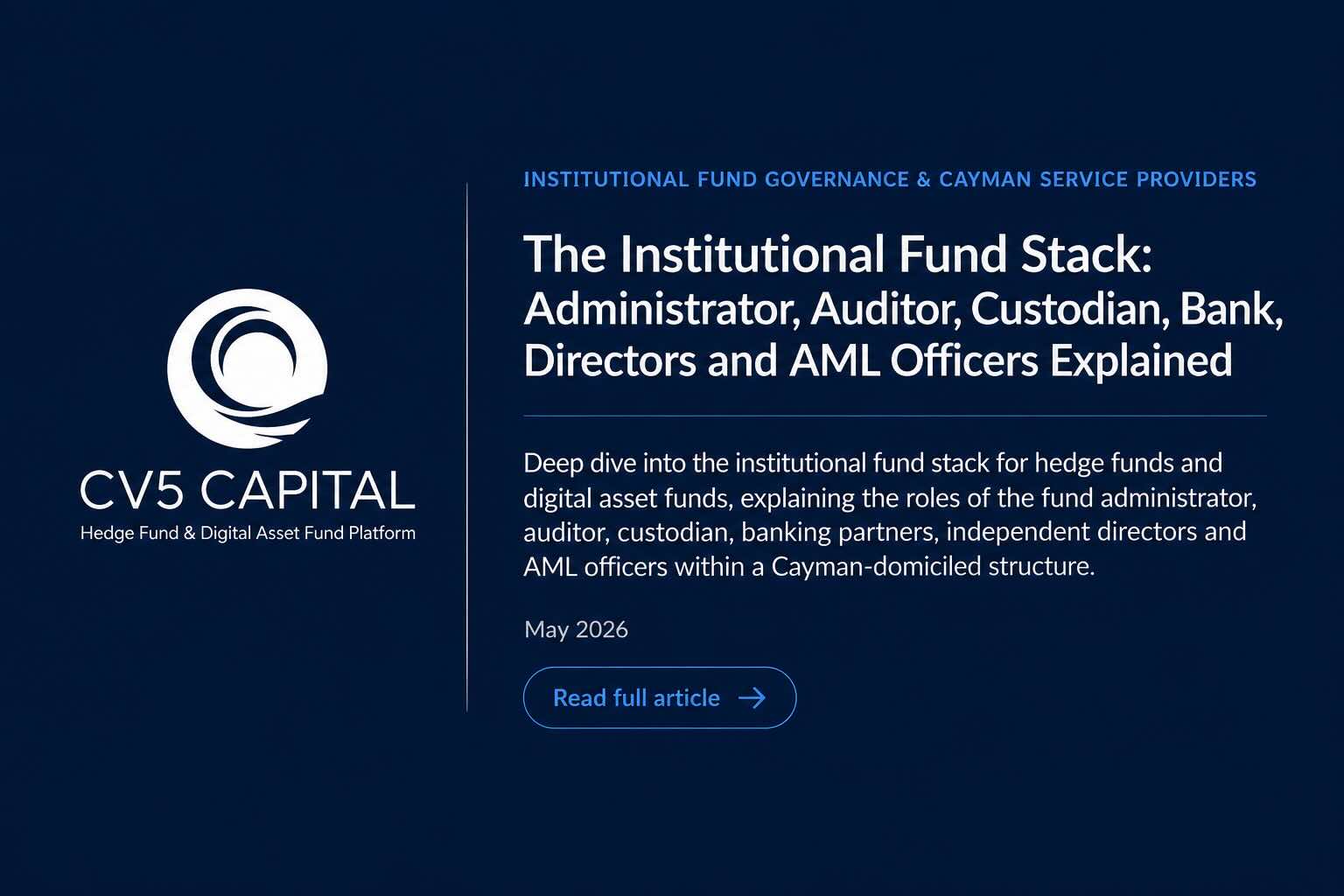 Institutional hedge fund service provider stack including administrators, custodians, auditors, banks, directors and AML officers illustration
