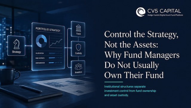 Institutional hedge fund governance structure showing separation between investment management control and fund asset ownership illustration