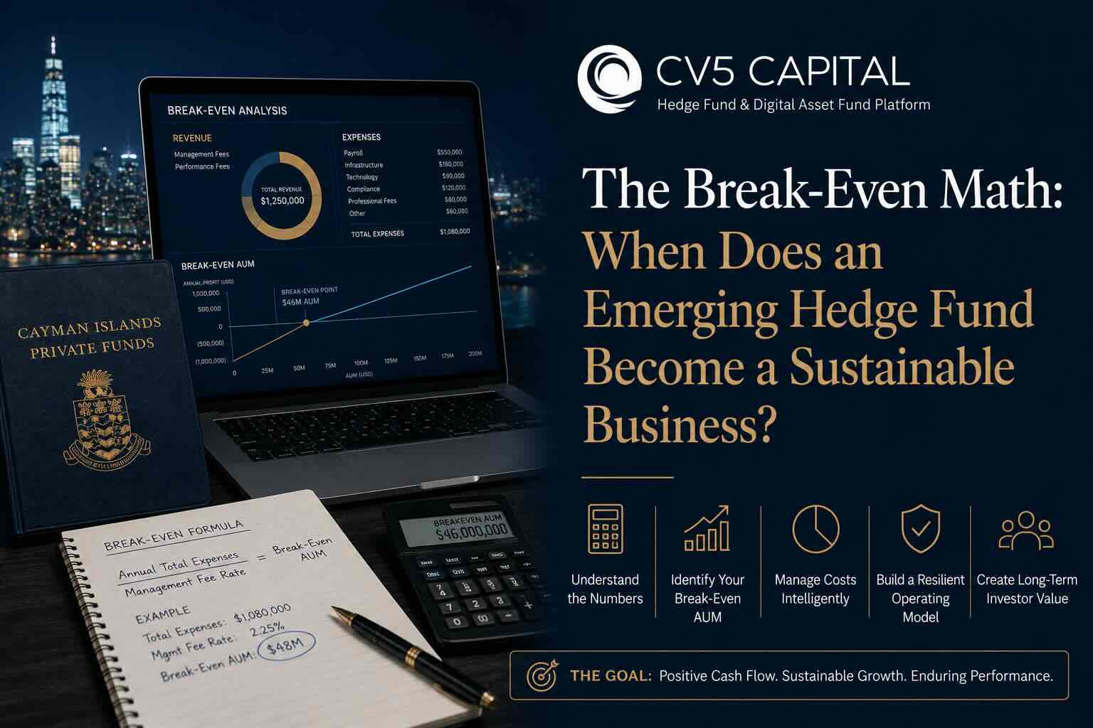 Emerging hedge fund break-even economics and sustainable fund business model illustration