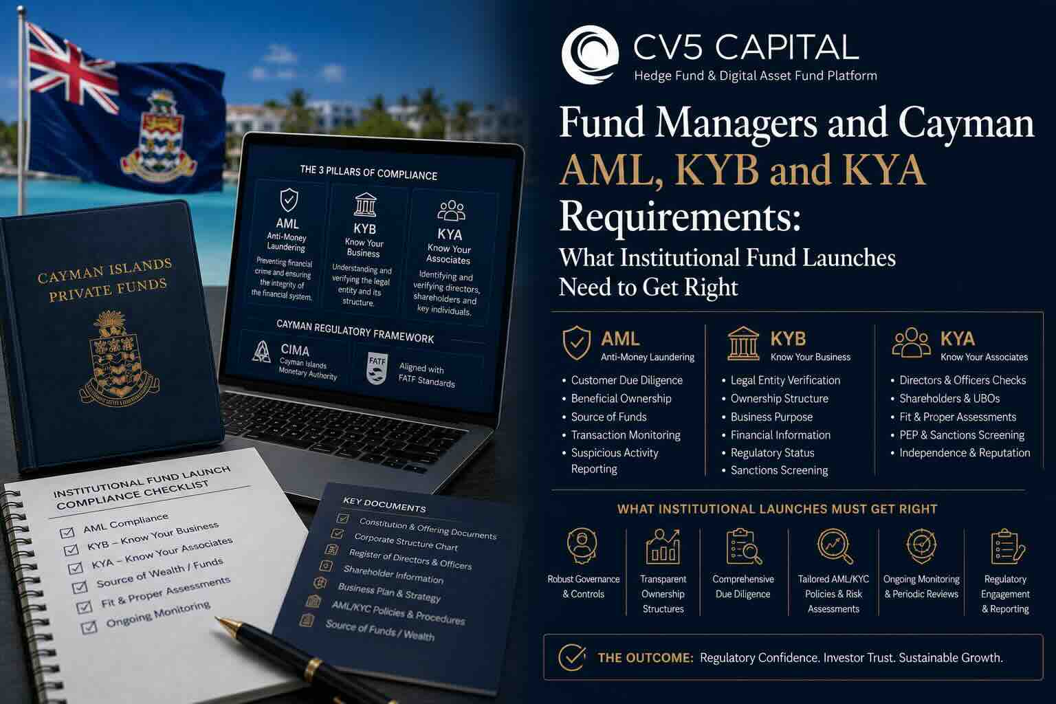 Cayman AML, KYB and KYA compliance requirements for institutional fund launches illustration