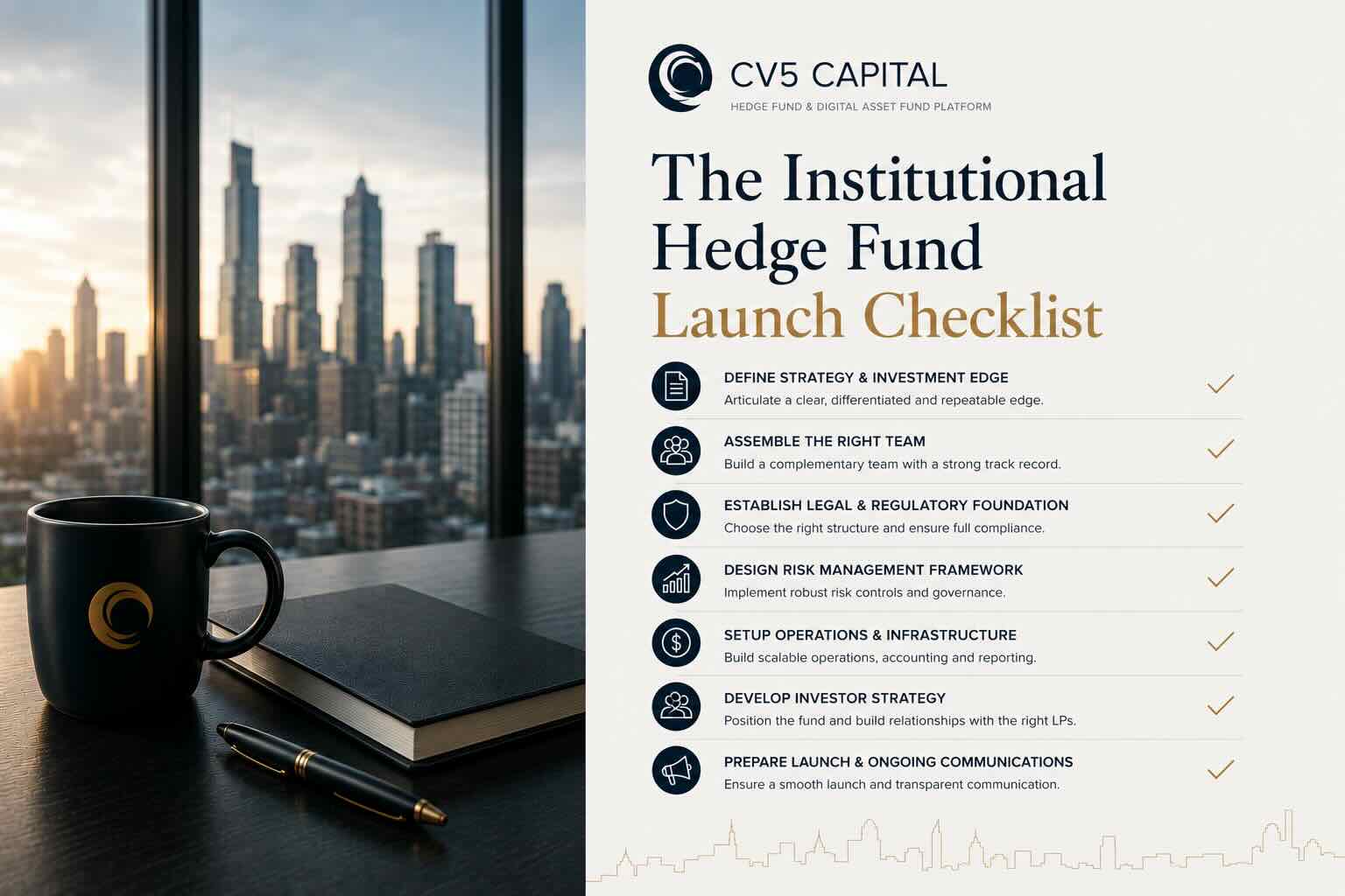 “Institutional hedge fund launch checklist and operational readiness infrastructure illustration”