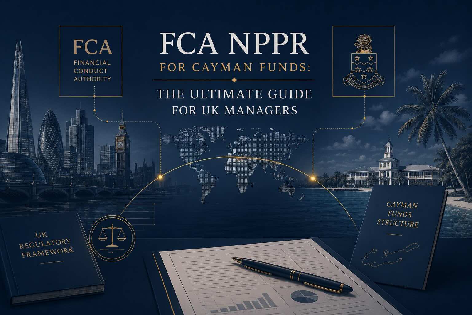Institutional illustration of FCA NPPR compliance and Cayman fund structuring for UK investment managers