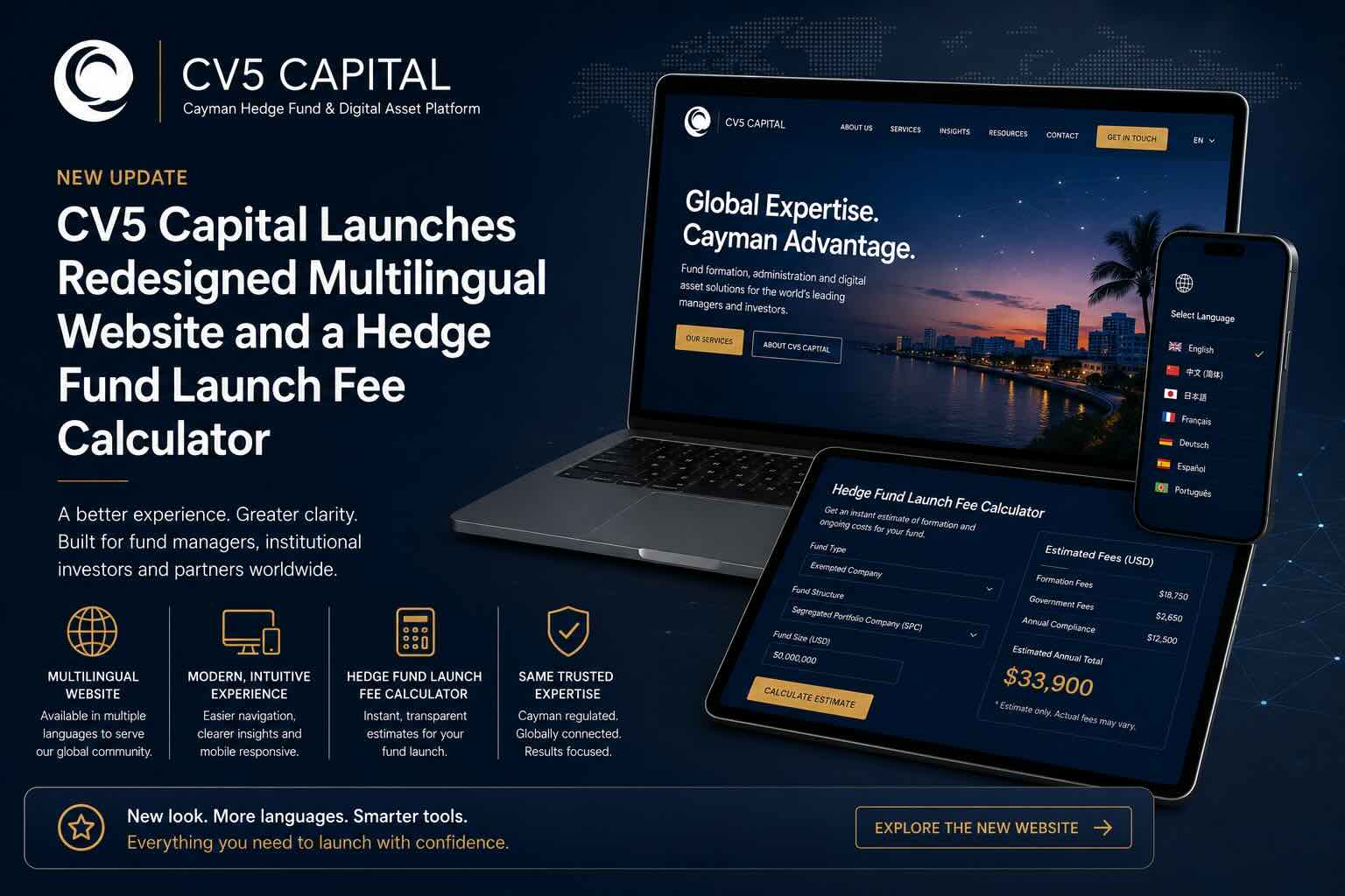 CV5 Capital new multilingual website launch in English, Japanese, Chinese and Arabic, with a hedge fund launch fee calculator for prospective managers pricing a Cayman fund launch and ongoing operation.