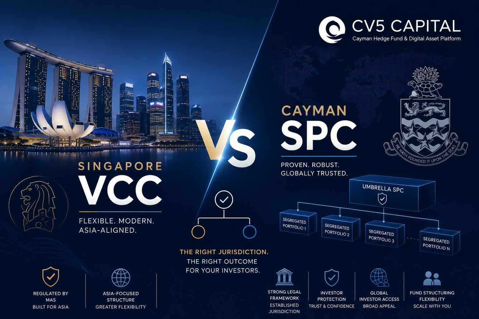 Decision between a Singapore Variable Capital Company and a Cayman segregated portfolio company for an Asia-focused asset manager, navy and gold institutional styling