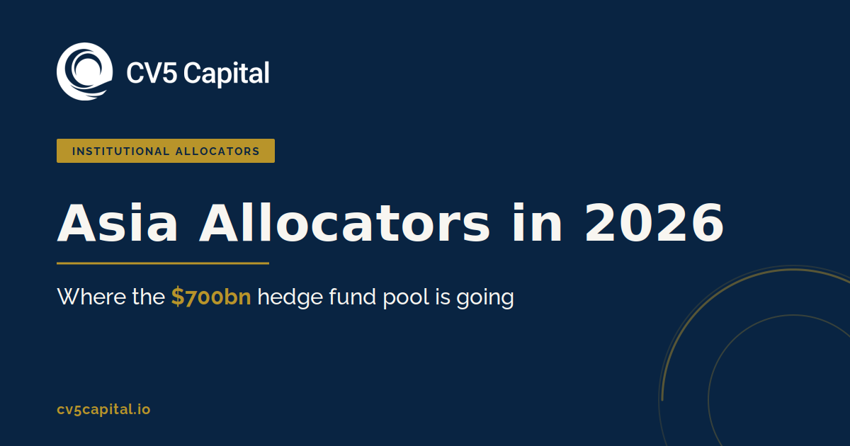 Asia institutional allocators directing a 700 billion dollar hedge fund pool in 2026, CV5 Capital navy and gold institutional hero