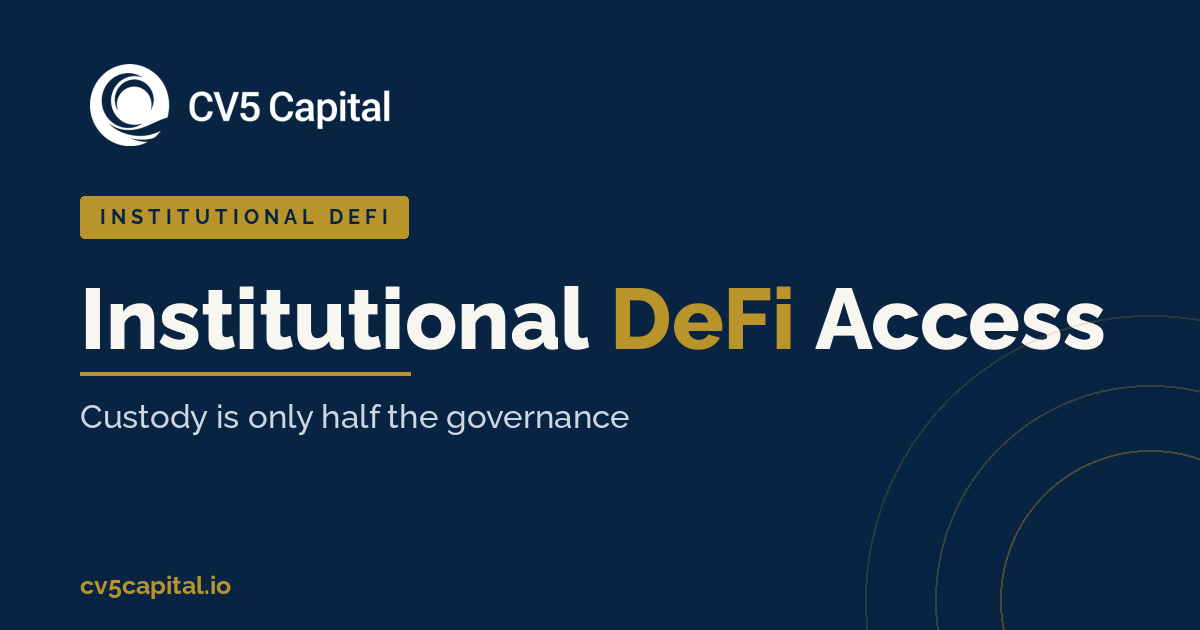 Institutional DeFi access for hedge funds governed through board approval, concentration limits and qualified custody, CV5 Capital navy and gold institutional styling