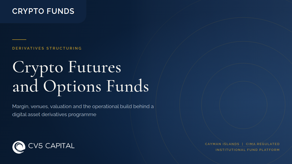 Launching a crypto futures and options fund, covering margin architecture, trading venues, valuation and Cayman digital asset fund structure