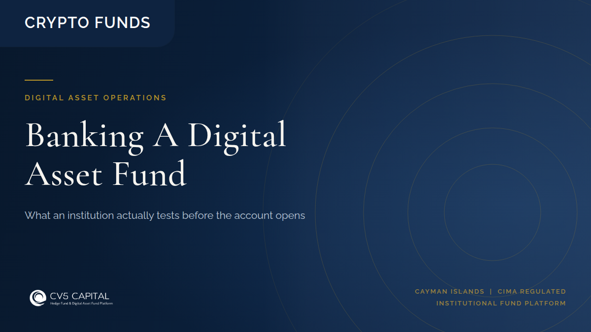 Institutional banking hall in navy and gold, representing the fiat account architecture behind a Cayman digital asset fund launch.