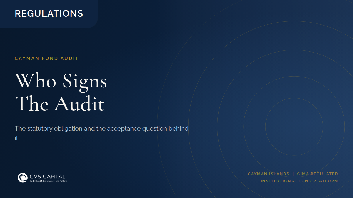 An auditor's signed report on a Cayman digital asset fund beside a wallet ledger and a financial year end calendar.