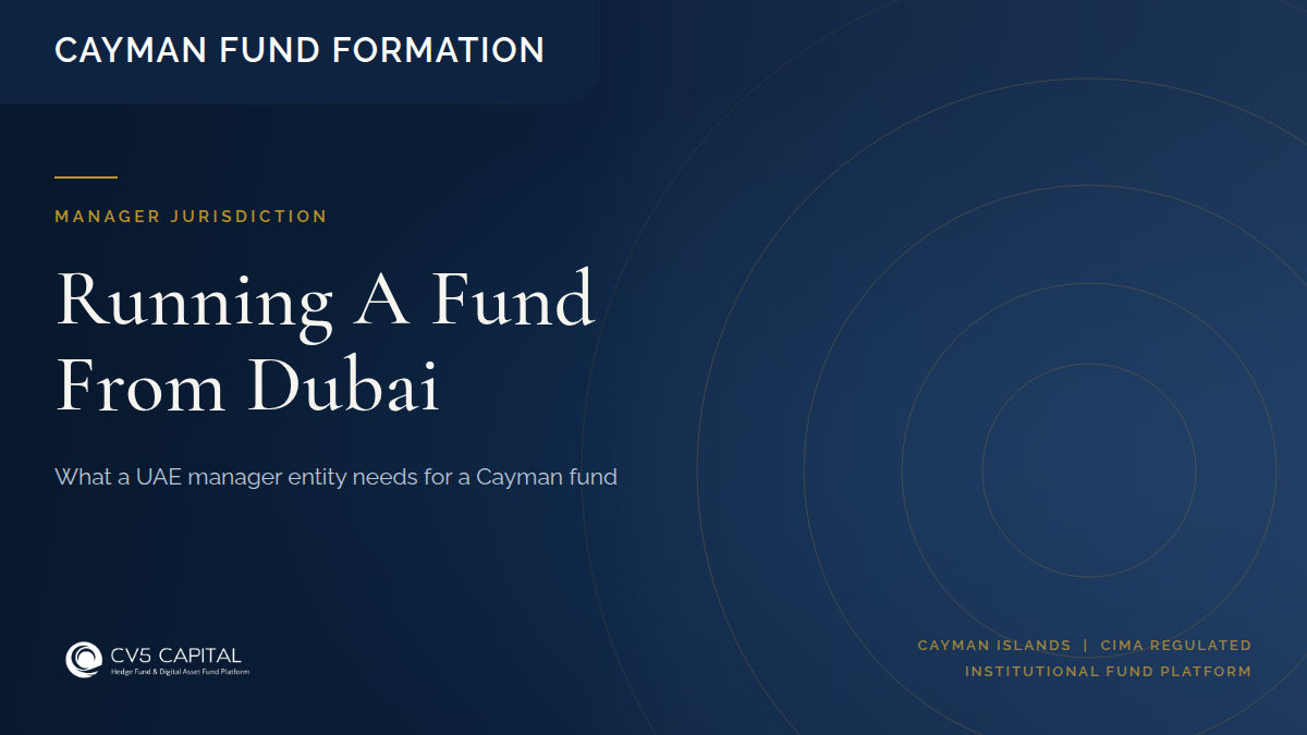 Dubai financial district skyline at dusk, representing a UAE investment manager entity appointed to a Cayman digital asset fund.