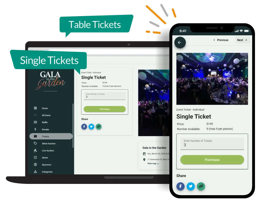fundraising event ticketing and check-in feature