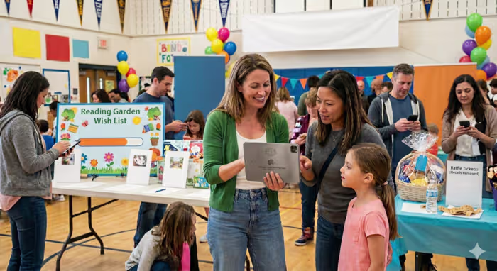 Parents and children participating in a school fundraising event