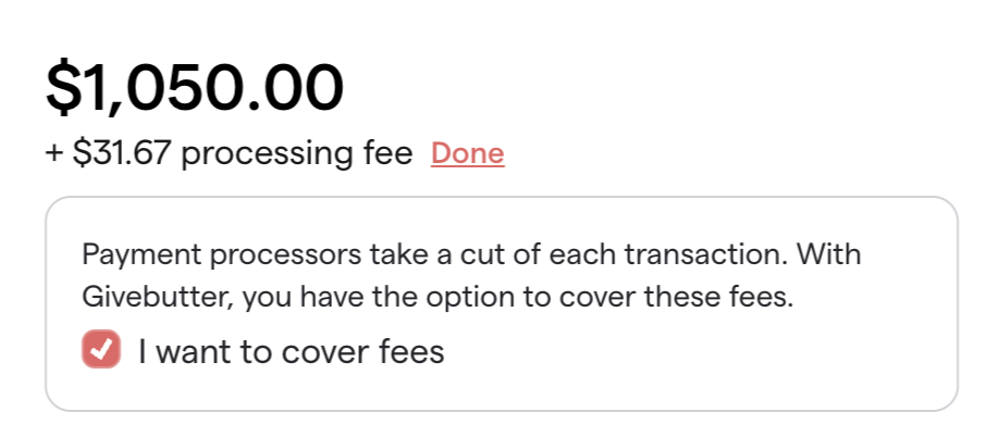 Givebutter checkout showing a $31.67 processing fee on a $1,050 invoice, with an option to cover fees