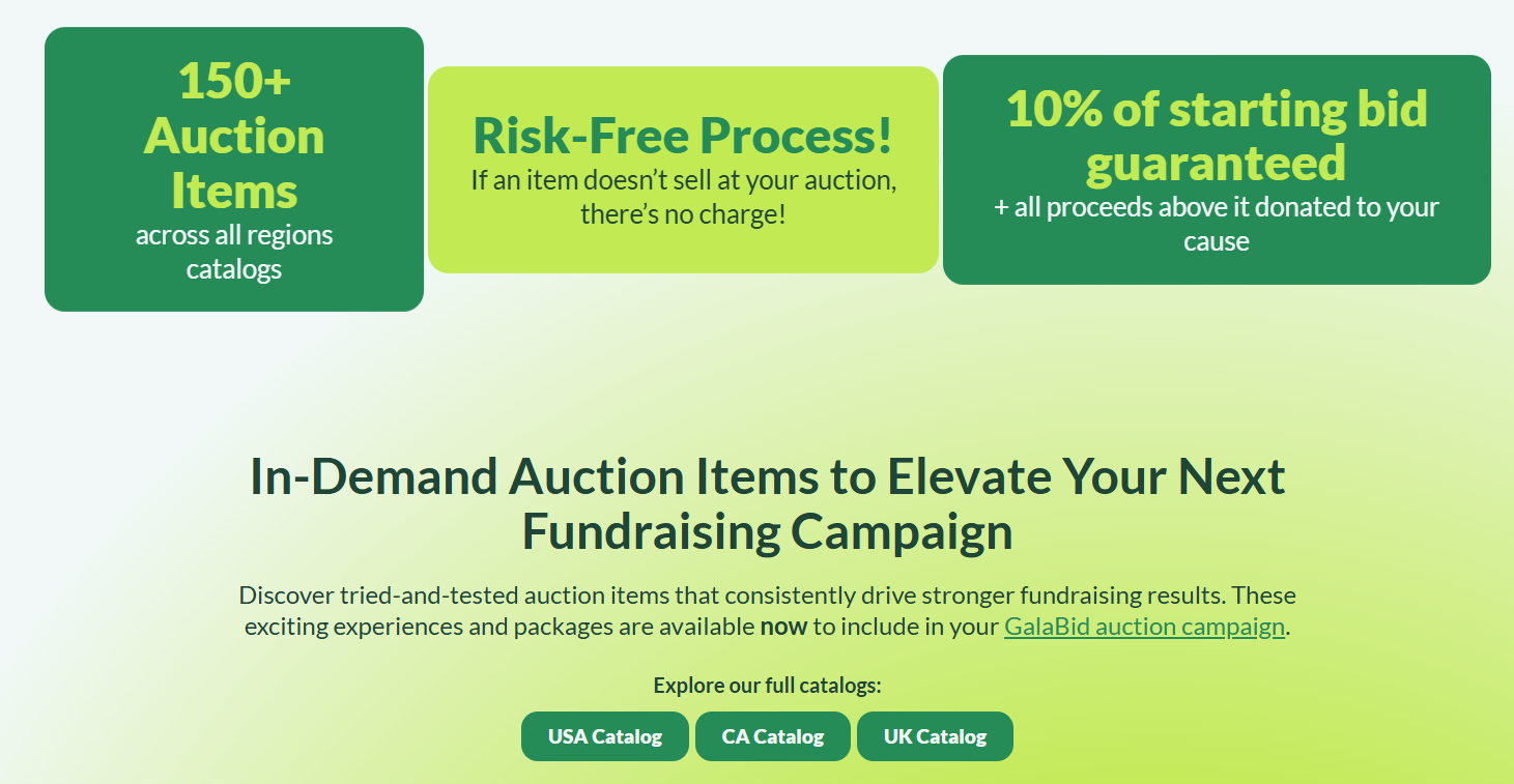 GalaBid no-risk auction items catalog page