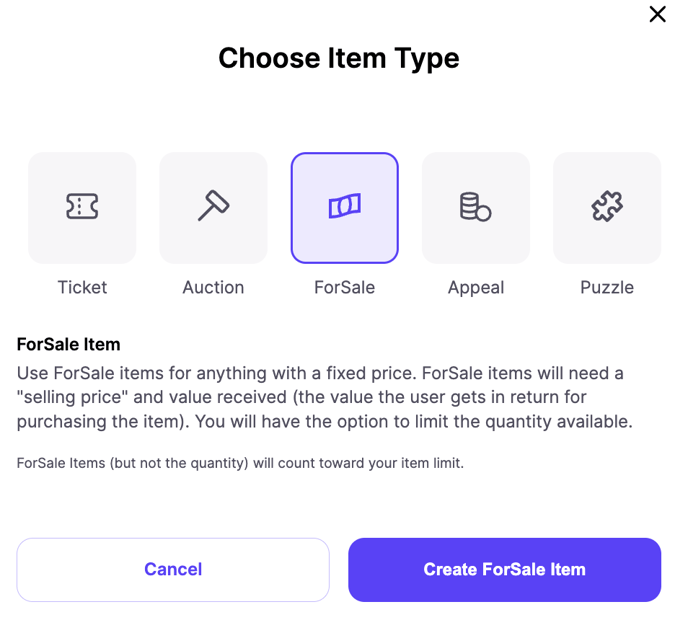 Handbid Choose Item Type screen showing the ForSale item option