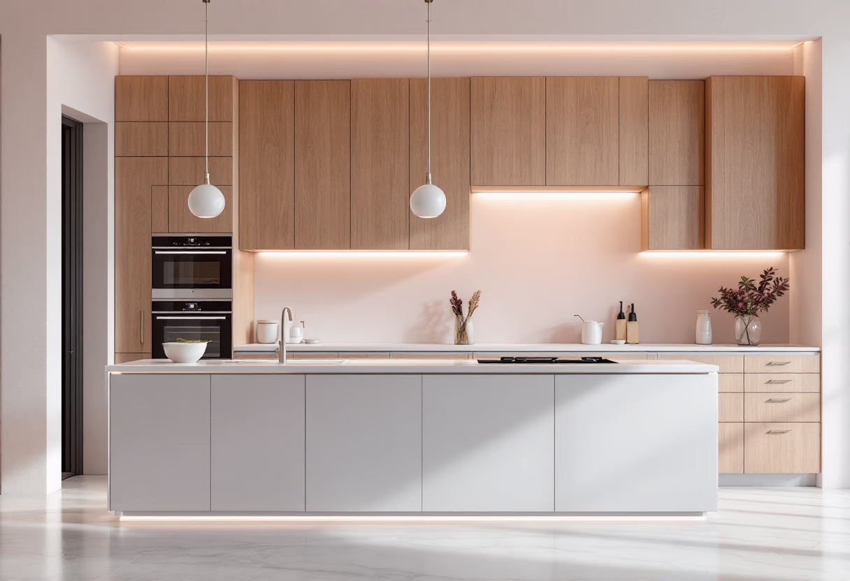 Minimalist kitchen with pale wood cabinetry, a white island, built-in wall ovens and pendant lights