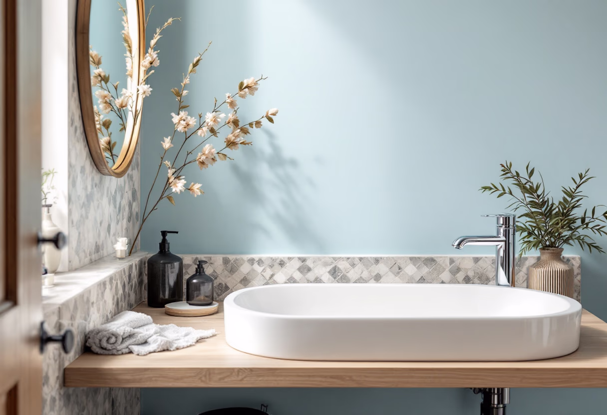 Bathroom vanity with an oval vessel sink on a wood shelf, mosaic tile splashback and a pale blue wall