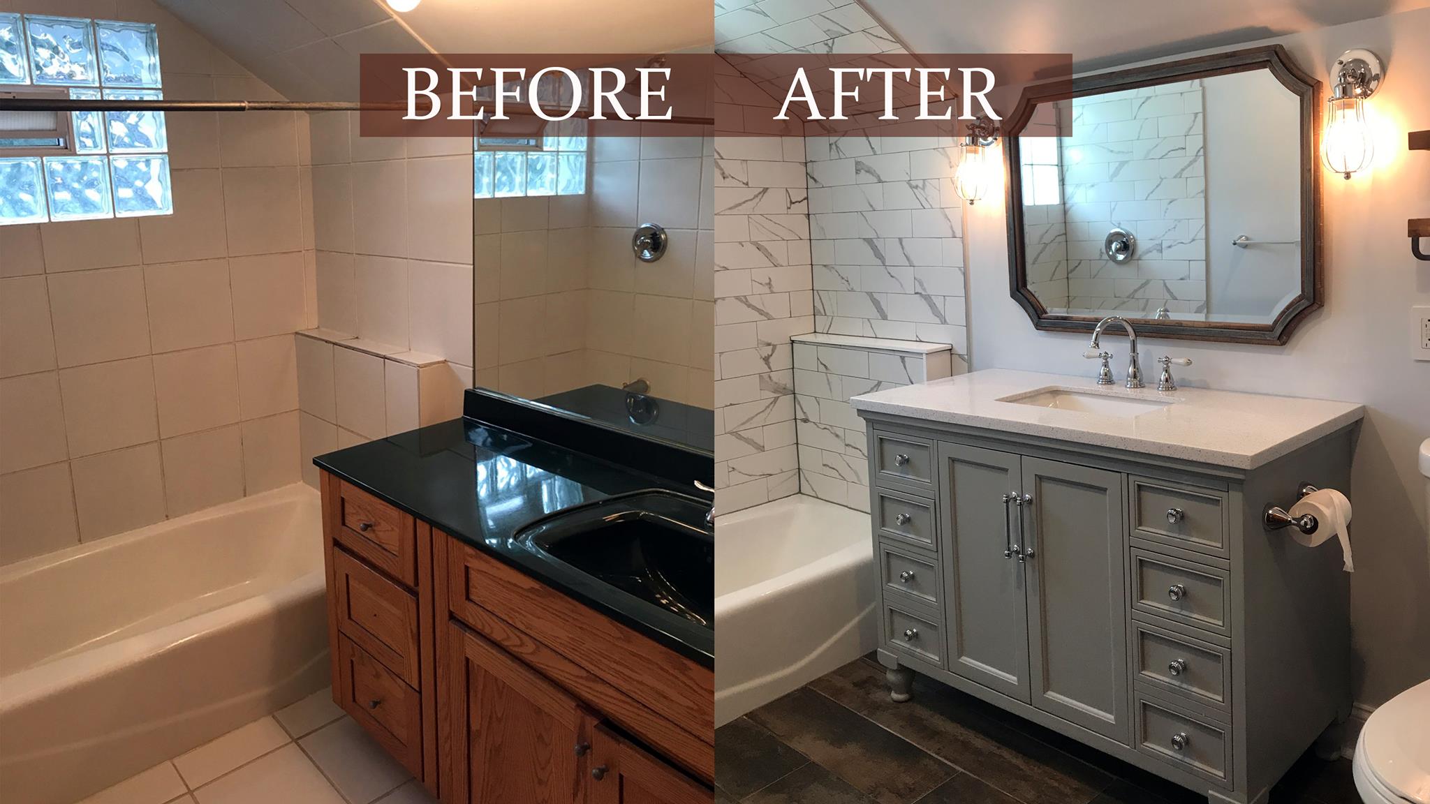 Side-by-side photo showing bathroom renovation before and after; the before features a wooden vanity with black countertop and plain beige tiles, after shows a grey vanity with white countertop, marble-patterned tiles, a wooden-framed mirror, and updated lighting.
