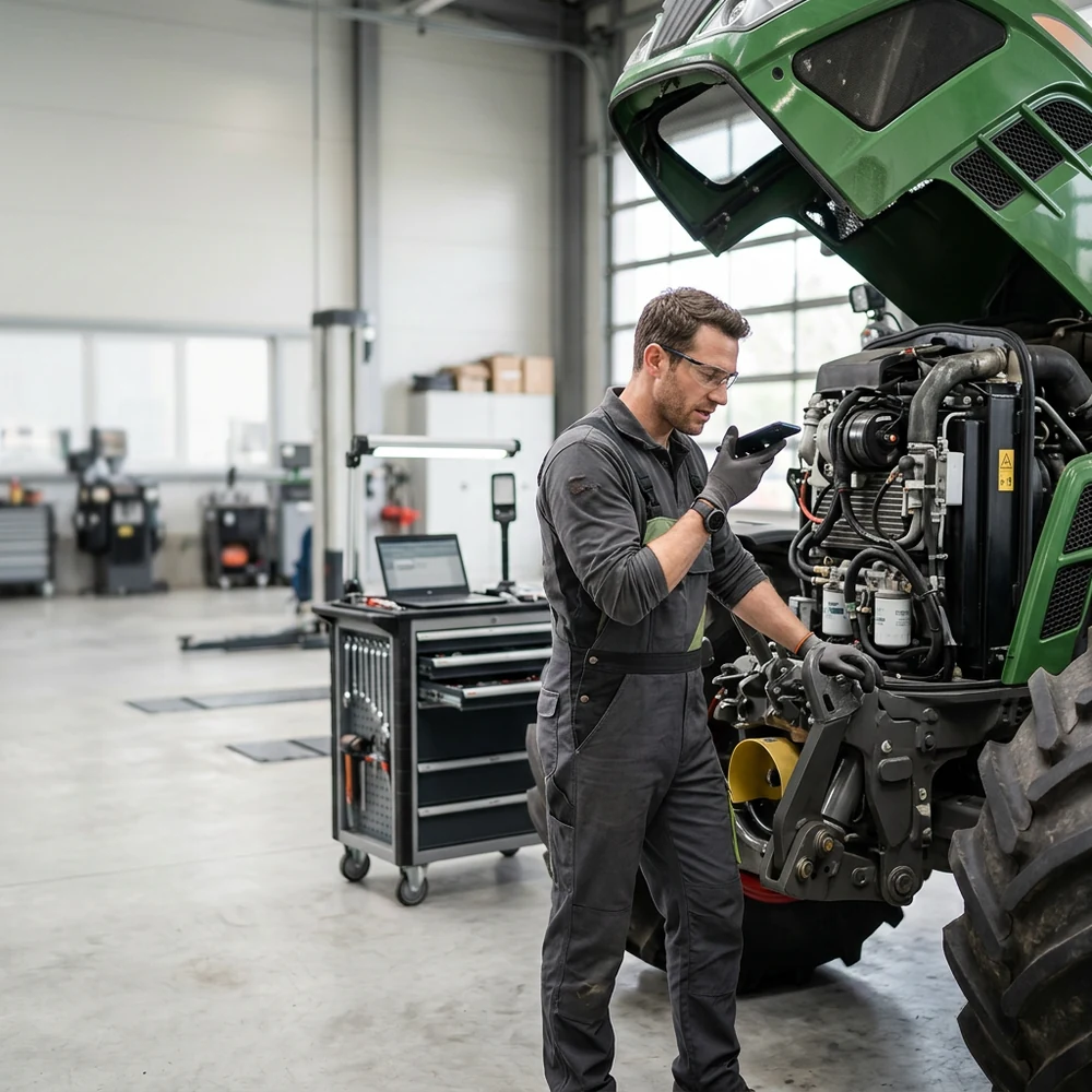 Technician checking diagnostics on a tablet at a tractor engine