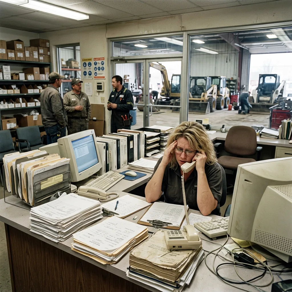 Dealership back office running on outdated systems, stacked paper files and legacy terminals