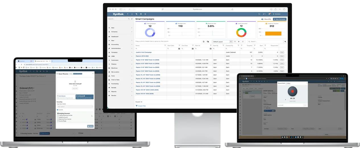 Flyntlok on two laptops and a desktop monitor: Smart Receive, Smart Campaigns and a voice work order