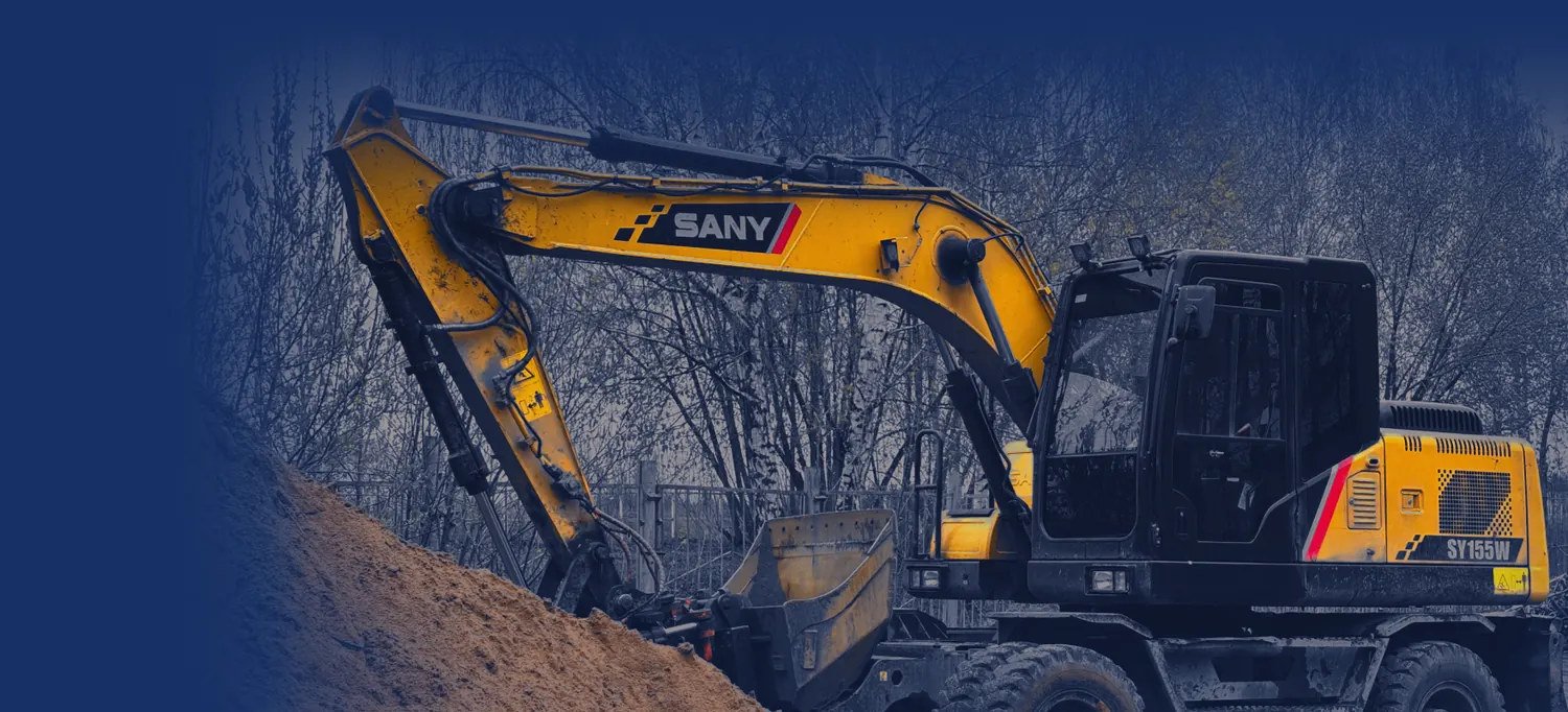 SANY wheeled excavator working beside a dirt pile