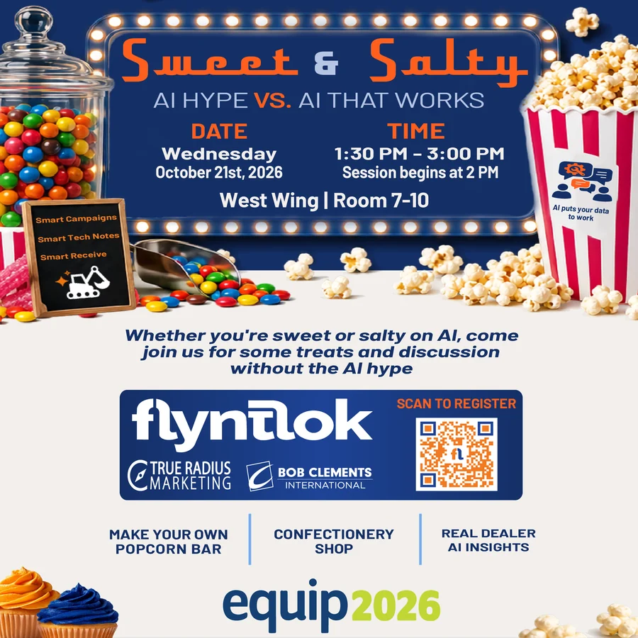 Sweet & Salty: AI Hype vs. AI That Works. Wednesday, October 21, 2026, 1:30 to 3:00 pm, session begins at 2 pm, West Wing Rooms 7 to 10. Flyntlok with True Radius Marketing and Bob Clements International.
