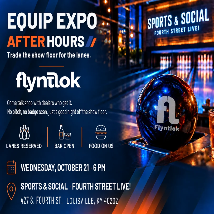 Equip Expo After Hours with Flyntlok: lanes reserved, bar open, food on us. Wednesday, October 21, 6 pm, Sports & Social, Fourth Street Live, 427 S. Fourth St., Louisville, KY 40202.