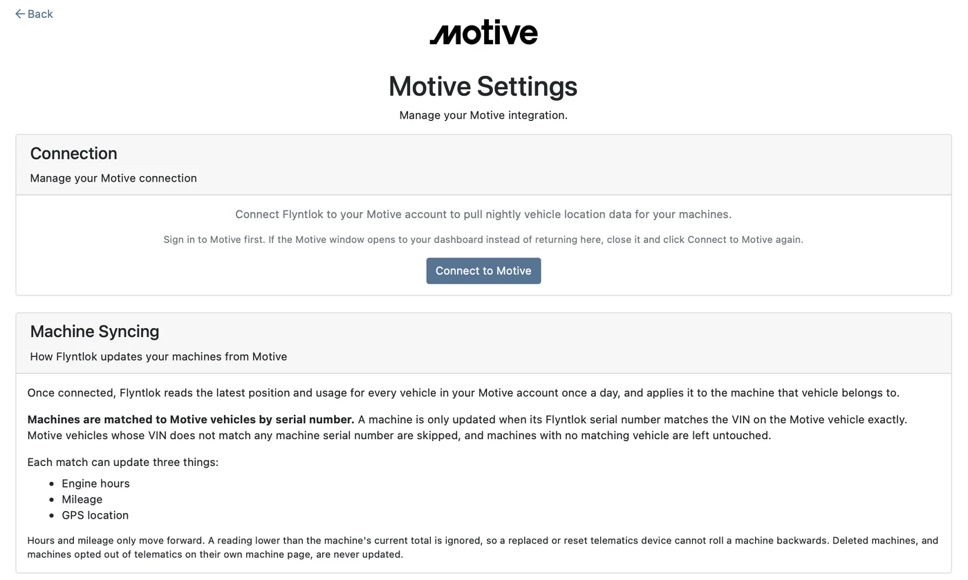 Motive Settings page in Flyntlok with the Connect to Motive button and the machine syncing rules