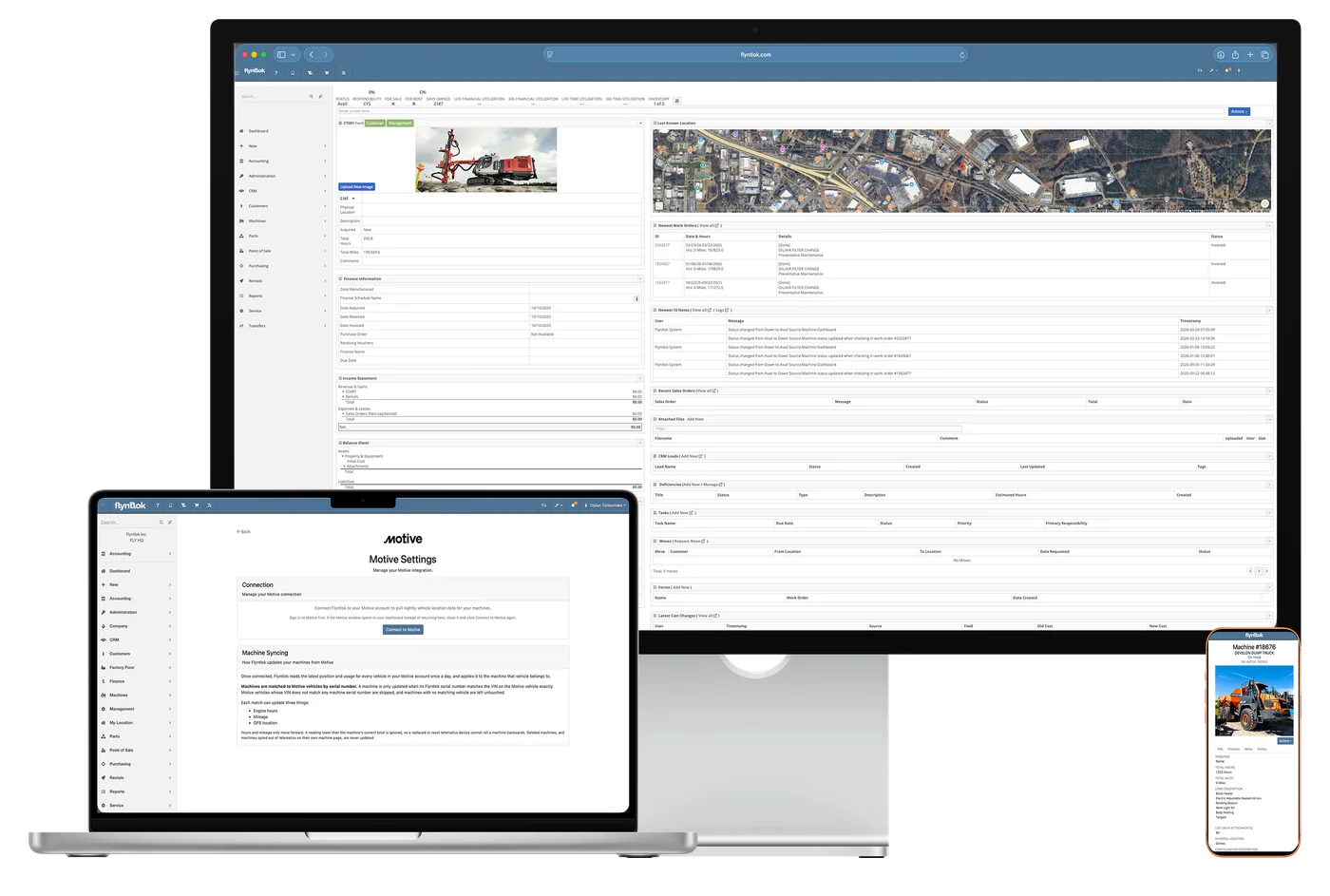 Flyntlok on a desktop monitor, laptop, and phone, showing a machine dashboard with its last known location and the Motive Settings page