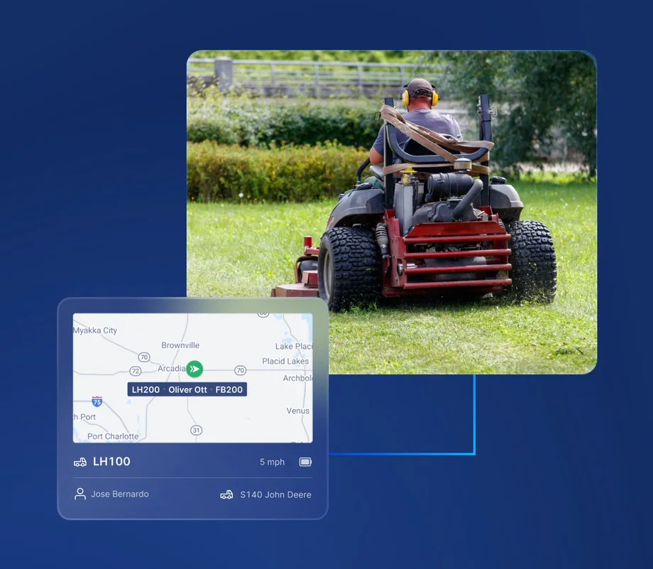 Zero-turn mower working a lawn, with its Motive GPS location on a map card
