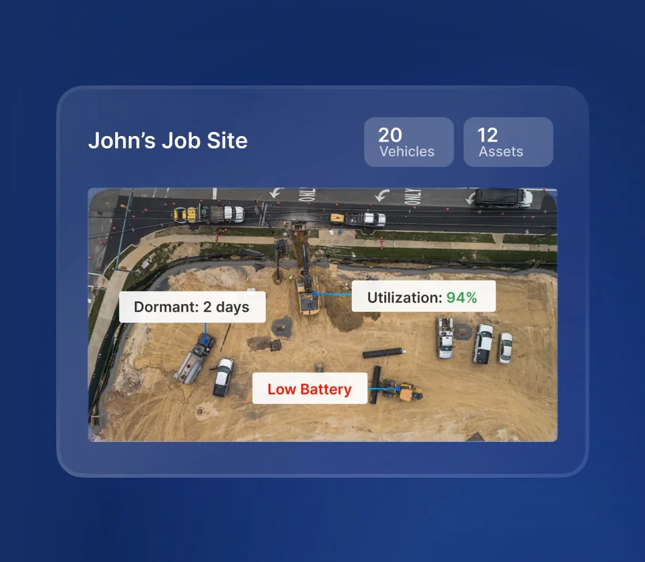 Aerial view of a construction job site with Motive equipment status labels