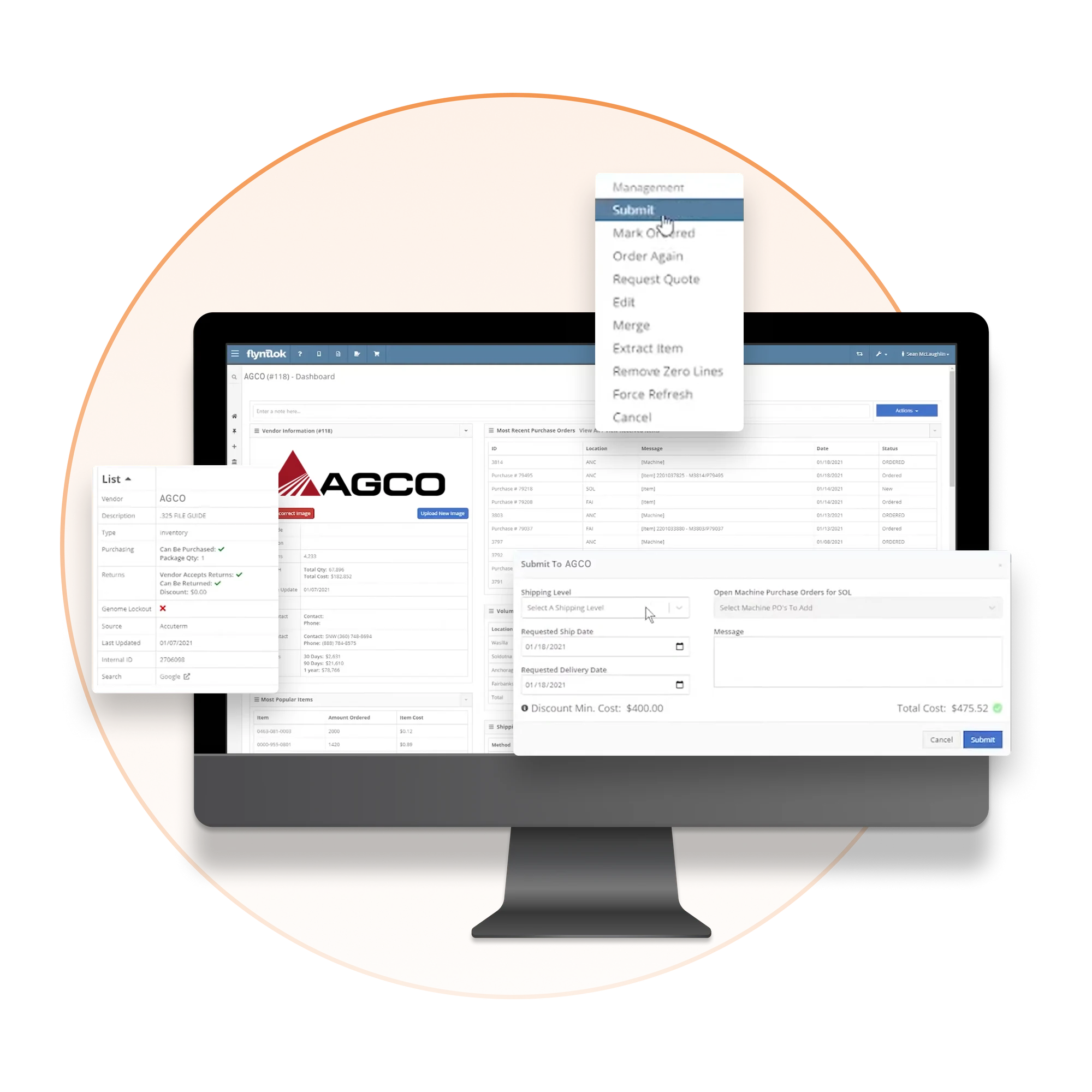 Flyntlok AGCO vendor dashboard with recent purchase orders, the purchase order actions menu, and the AGCO order dialog
