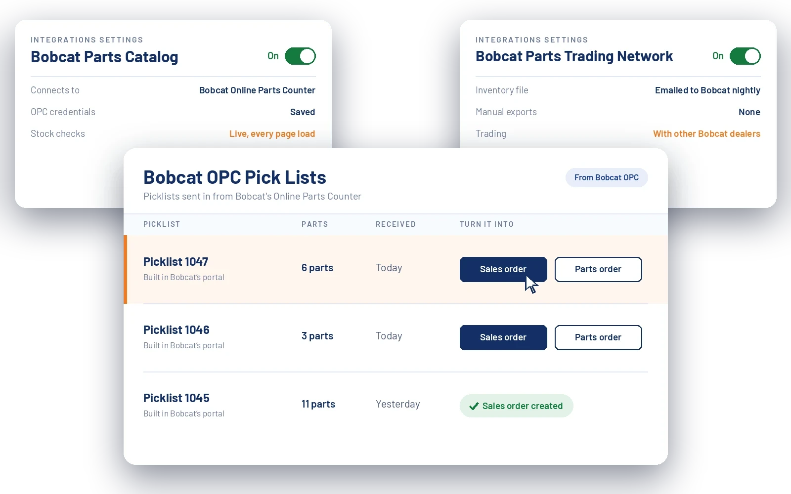 Illustration of Flyntlok's Bobcat Parts Catalog and Parts Trading Network settings and the Bobcat OPC Pick Lists page, where picklists become sales orders or parts orders