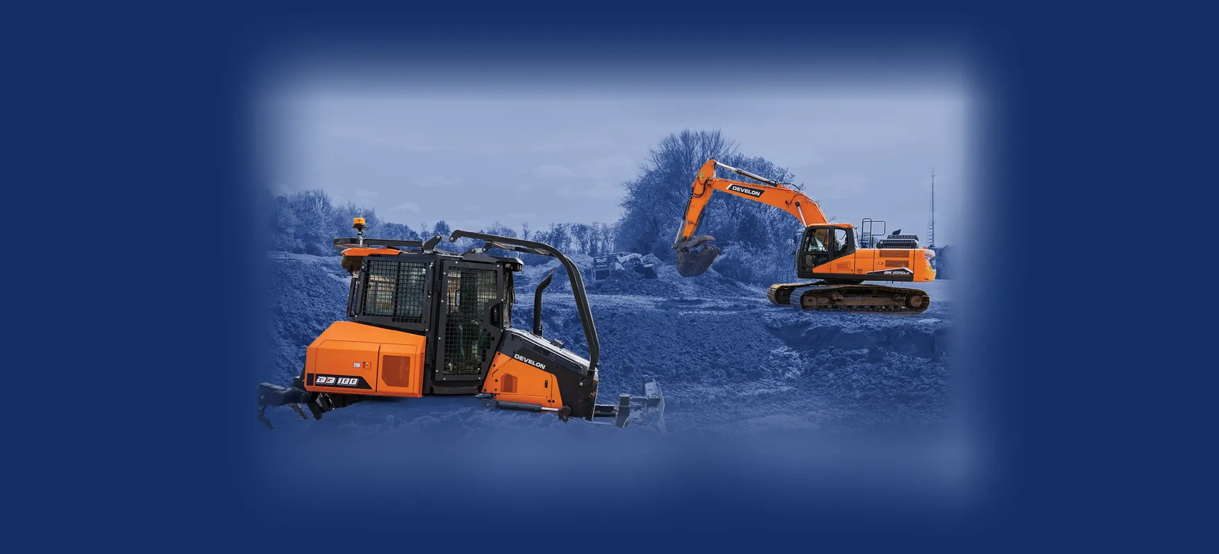 Develon DD100 dozer and DX225LC excavator working a dirt site