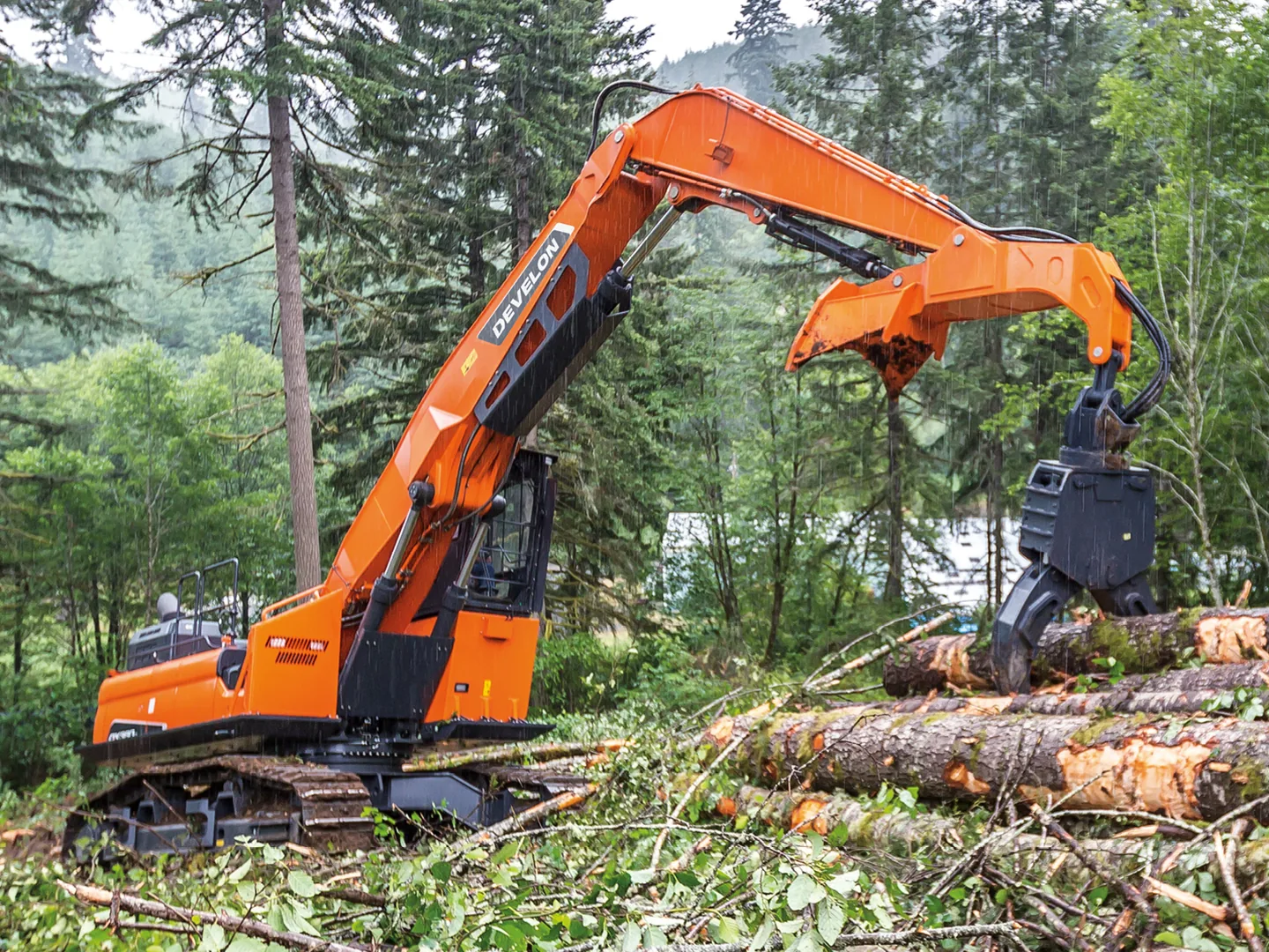 Develon log loader stacking timber in a forest clearing