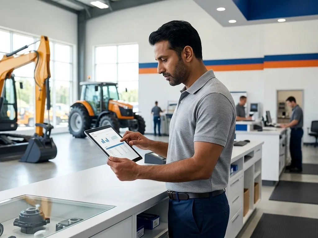 Dealership employee checking a tablet at the parts counter in an equipment showroom