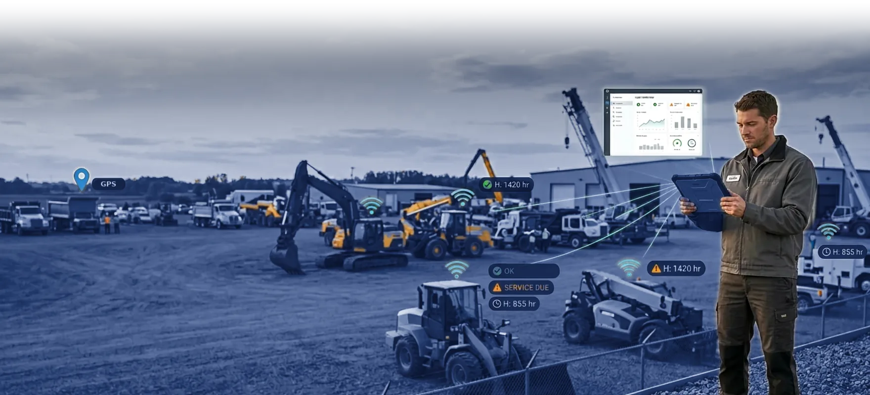 Yard manager checking machine hours and service alerts on a tablet beside a lot full of equipment