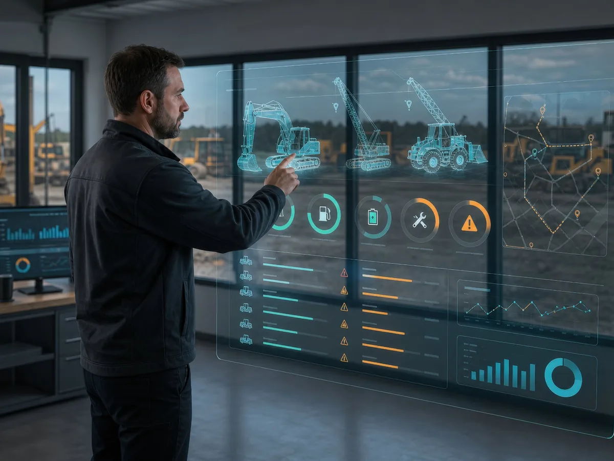 Service manager reviewing machine health and service alerts on a large fleet dashboard