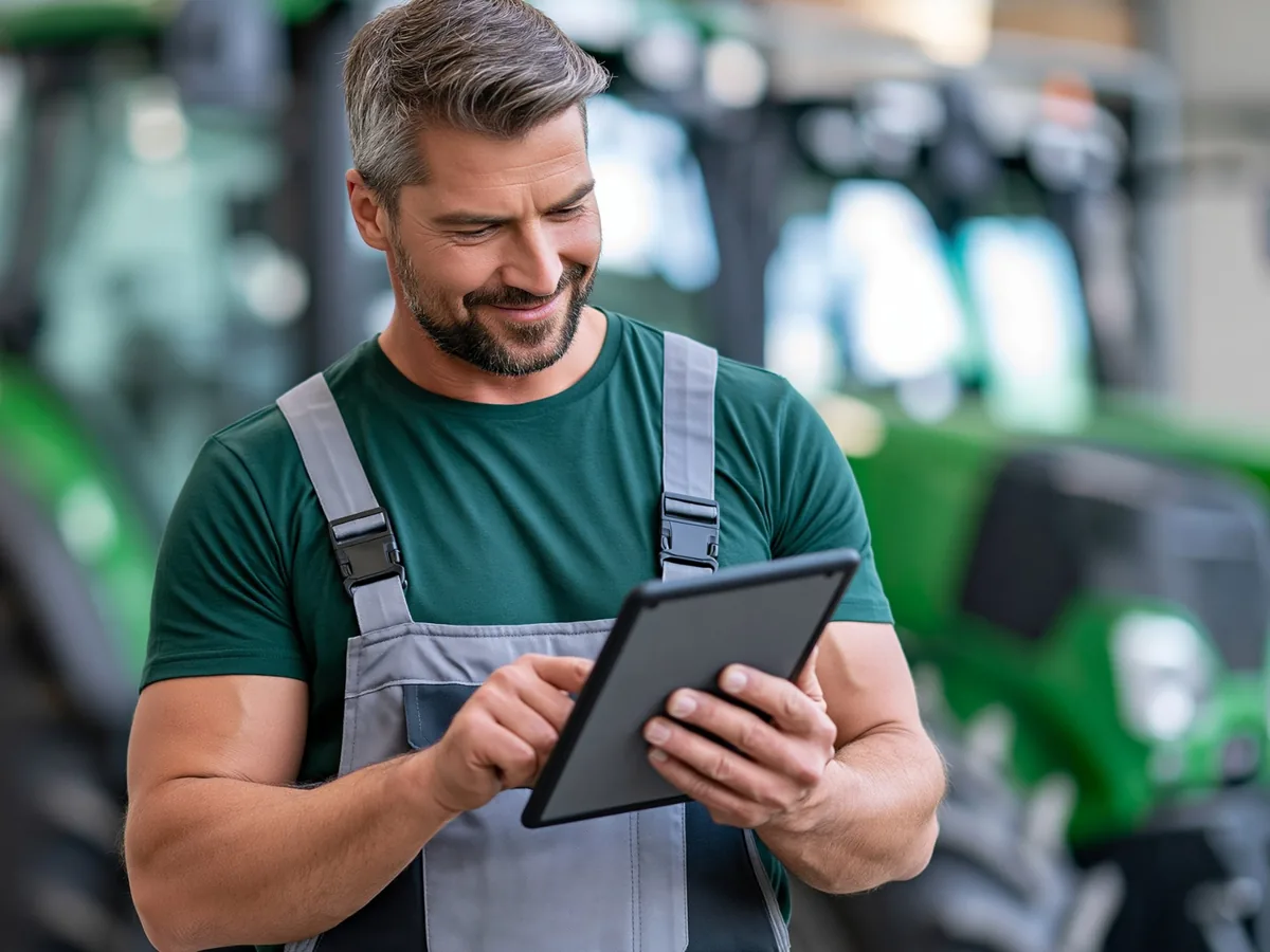 Technician smiling at a tablet in front of a green tractor