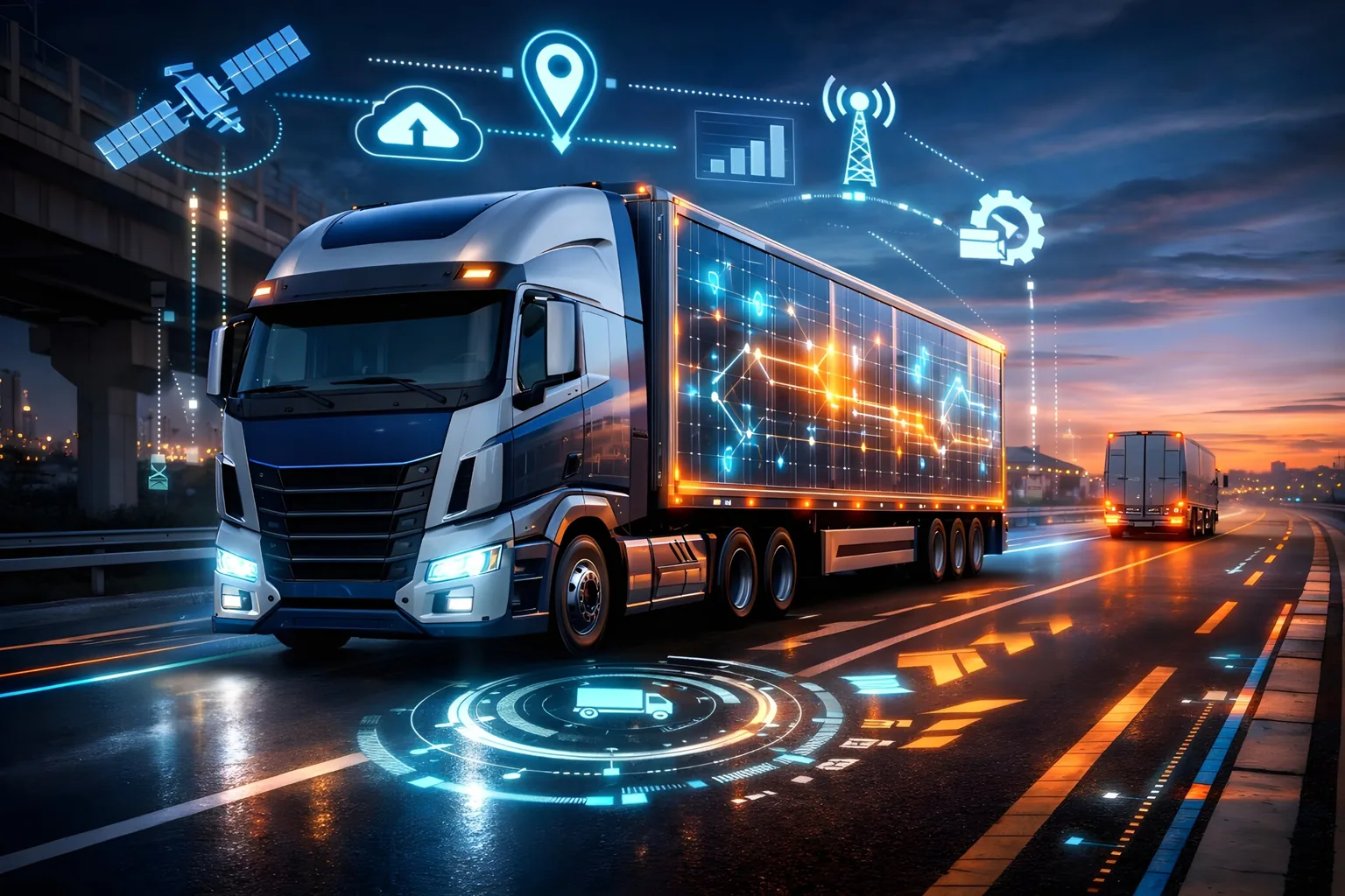 Semi truck on a highway at dusk with GPS, cloud, and telematics icons overhead