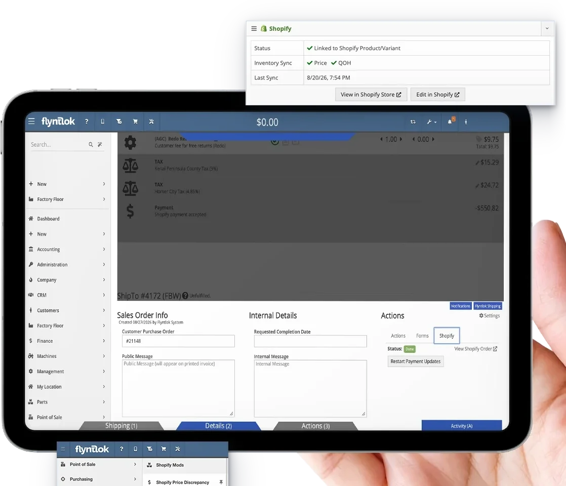 Flyntlok tablet showing a Shopify order, the Shopify sync panel on a linked part, and Shopify discrepancy reports
